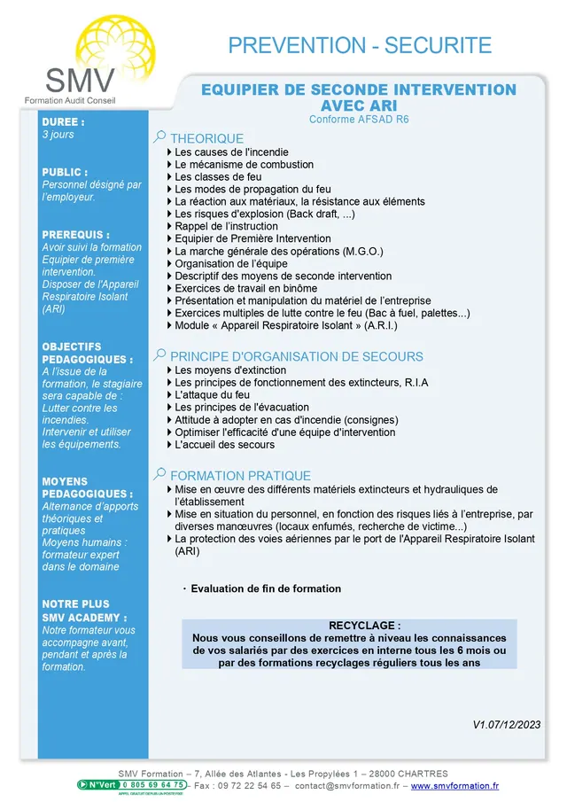 Fiche programme de la formation Equipier de seconde intervention avec ARI : durée, public, prérequis, objectifs pédagogiques et contenu