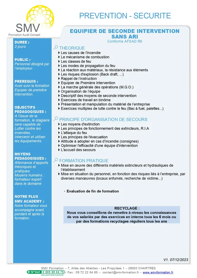Fiche programme de la formation Equipier de seconde intervention SANS ARI : durée, public, prérequis, objectifs pédagogiques et contenu
