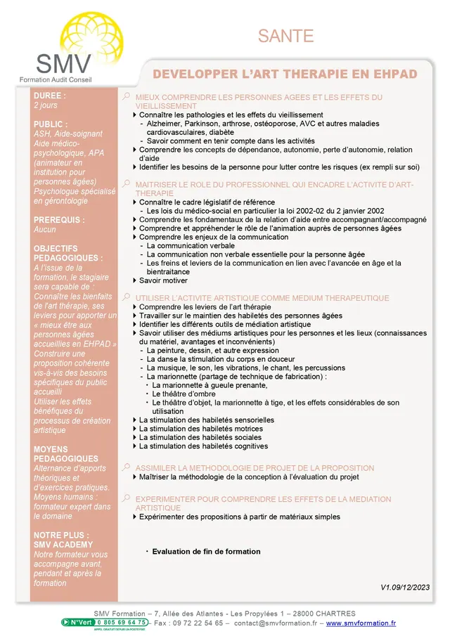 Fiche programme de la formation Développer l’art thérapie en EHPAD : durée, public, prérequis, objectifs pédagogiques et contenu