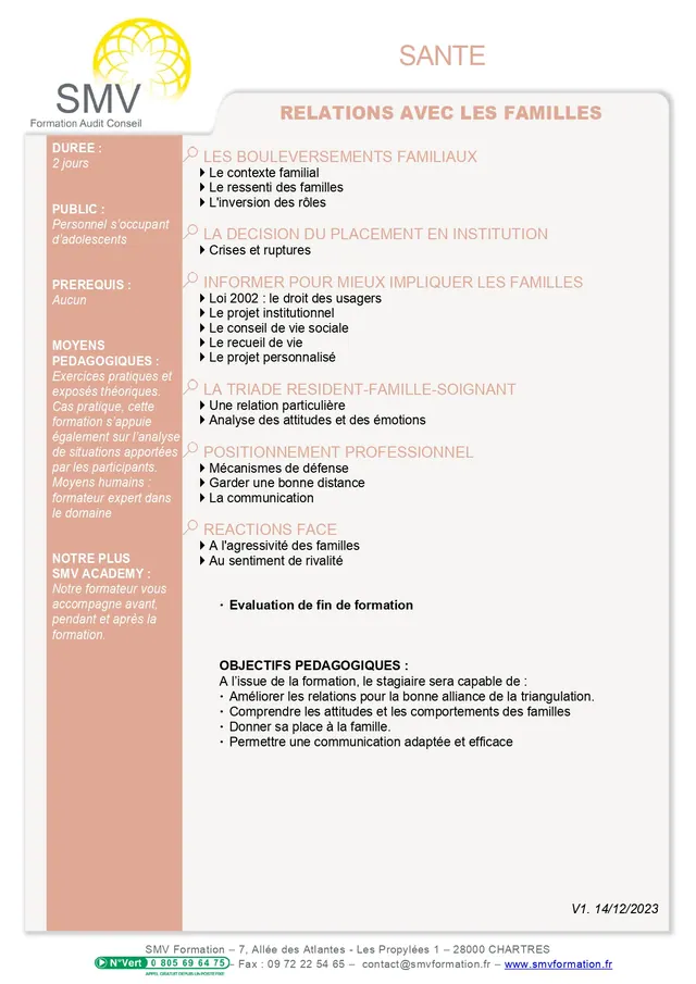 Fiche programme de la formation La relation avec les familles ADOLESCENTS : durée, public, prérequis, objectifs pédagogiques et contenu