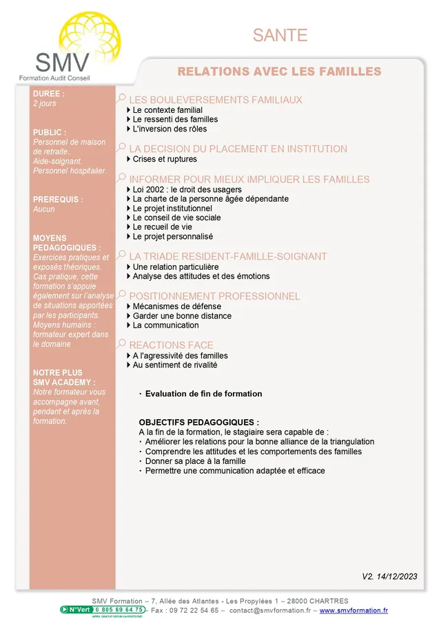 Fiche programme de la formation Relations avec les Familles 2 jours : durée, public, prérequis, objectifs pédagogiques et contenu