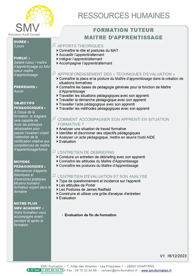 Fiche programme de la formation Formation tuteur en entreprise maitre d’apprentissage : durée, public, prérequis, objectifs pédagogiques et contenu