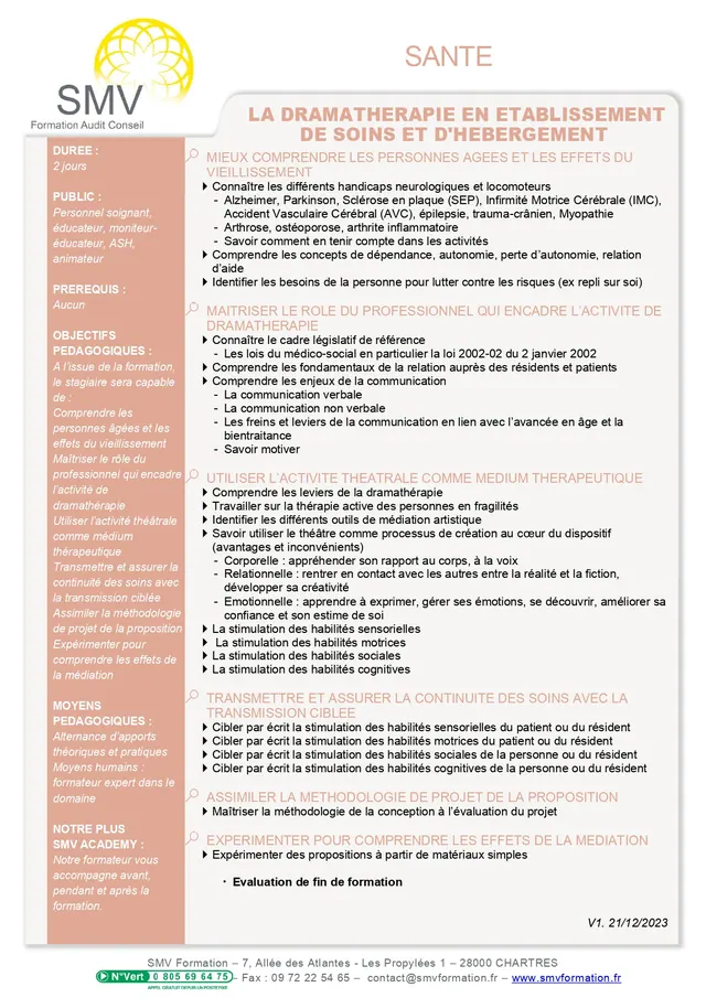 Fiche programme de la formation Développer la dramathérapie en établissement de soins et d’hébergement : durée, public, prérequis, objectifs pédagogiques et contenu