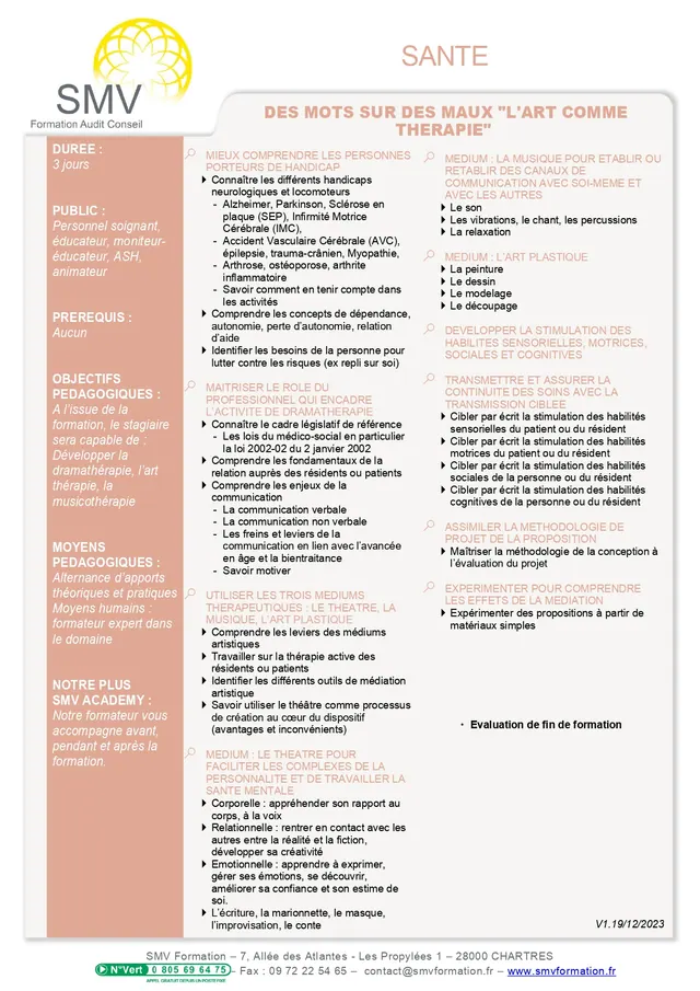 Fiche programme de la formation Des mots sur des maux l’art comme thérapie : durée, public, prérequis, objectifs pédagogiques et contenu