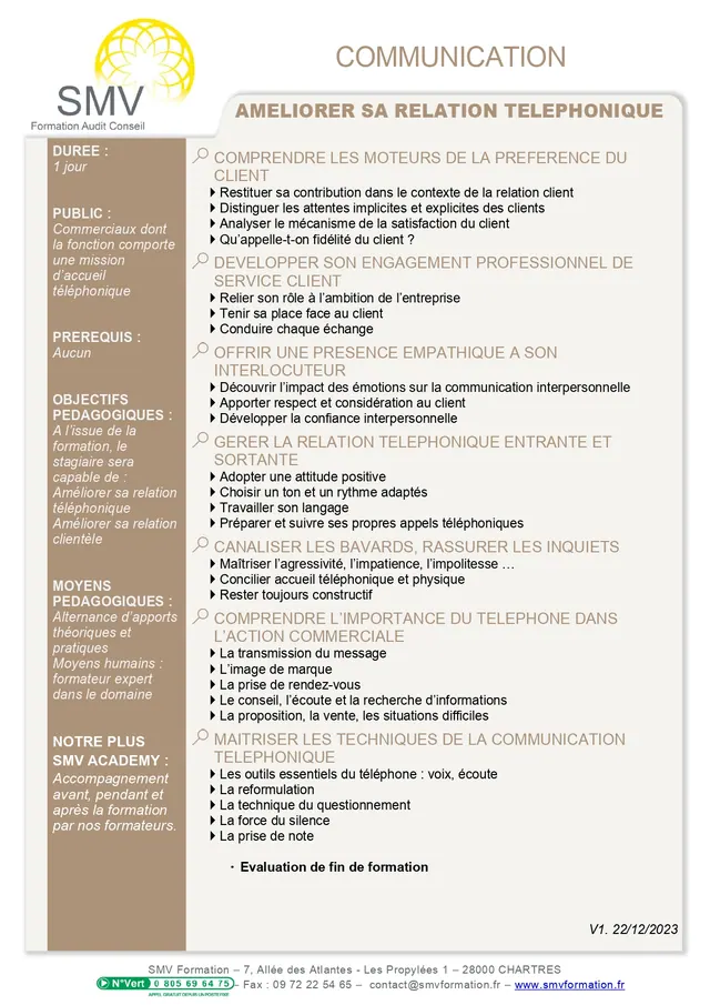 Fiche programme de la formation Améliorer sa relation téléphonique sur mesure : durée, public, prérequis, objectifs pédagogiques et contenu