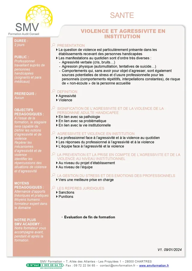 Fiche programme de la formation Violence et agressivité en institution : durée, public, prérequis, objectifs pédagogiques et contenu