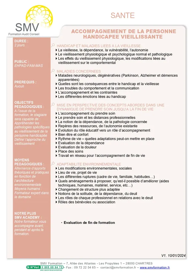 Fiche programme de la formation Accompagnement de la personne handicapée vieillissante : durée, public, prérequis, objectifs pédagogiques et contenu