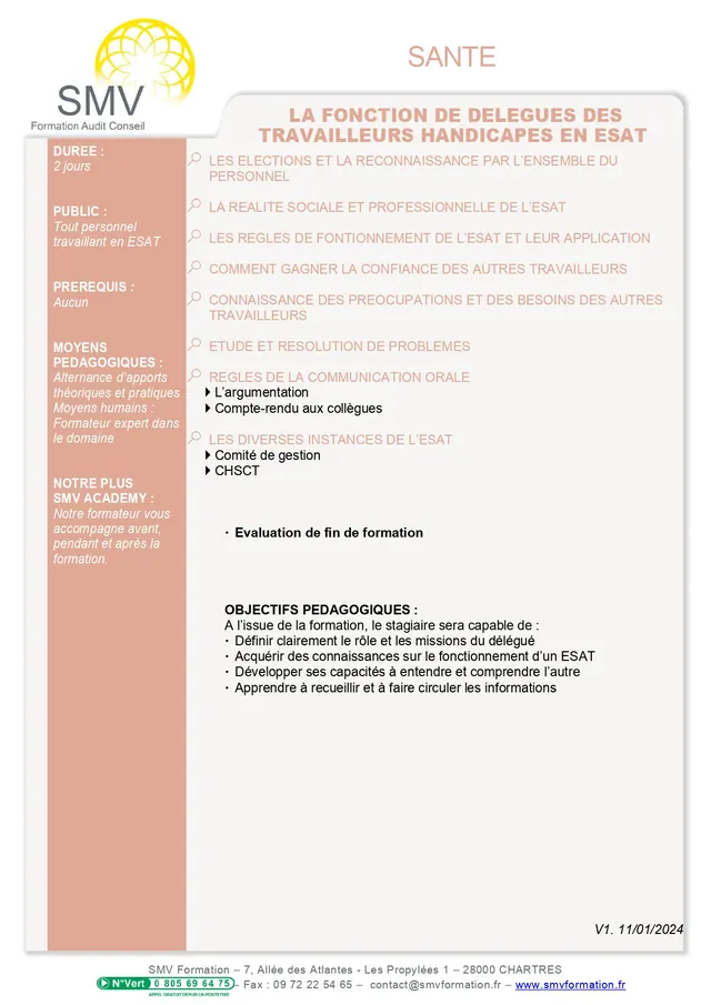 Fiche programme de la formation La fonction de délégués des travailleurs handicapés en ESAT : durée, public, prérequis, objectifs pédagogiques et contenu