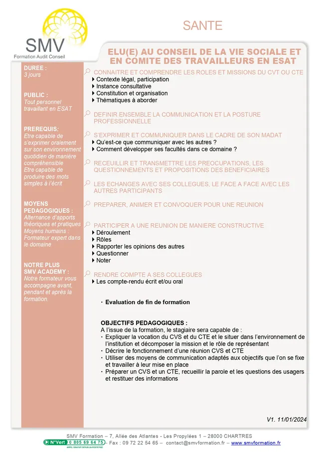 Fiche programme de la formation Elu(e) au conseil de la vie sociale et en comité des travailleurs en ESAT : durée, public, prérequis, objectifs pédagogiques et contenu