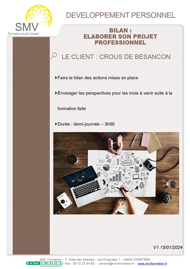 Fiche programme de la formation Bilan : élaborer son projet profesionnel : durée, public, prérequis, objectifs pédagogiques et contenu