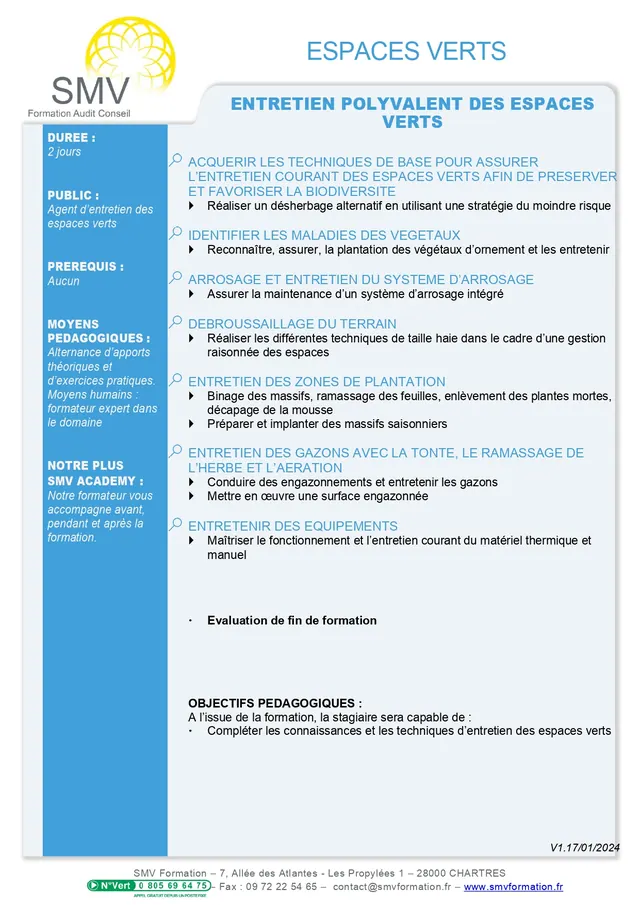 Fiche programme de la formation Entretien polyvalent des espaces verts : durée, public, prérequis, objectifs pédagogiques et contenu