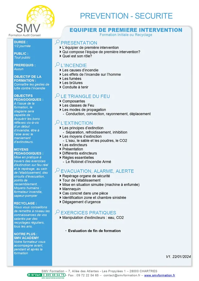Fiche programme de la formation Equipier de première intervention SUR MESURE : durée, public, prérequis, objectifs pédagogiques et contenu