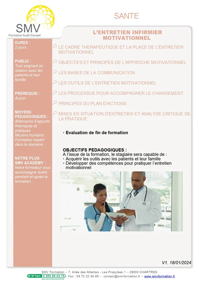 Fiche programme de la formation L’entretien infirmier motivationnel SUR MESURE : durée, public, prérequis, objectifs pédagogiques et contenu
