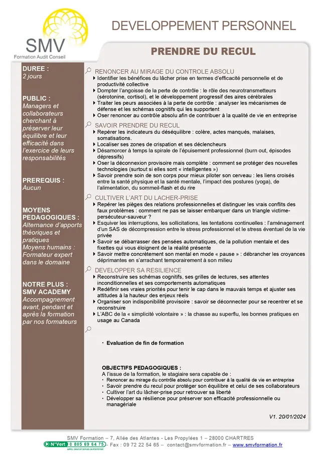 Fiche programme de la formation Prendre du recul SUR MESURE : durée, public, prérequis, objectifs pédagogiques et contenu