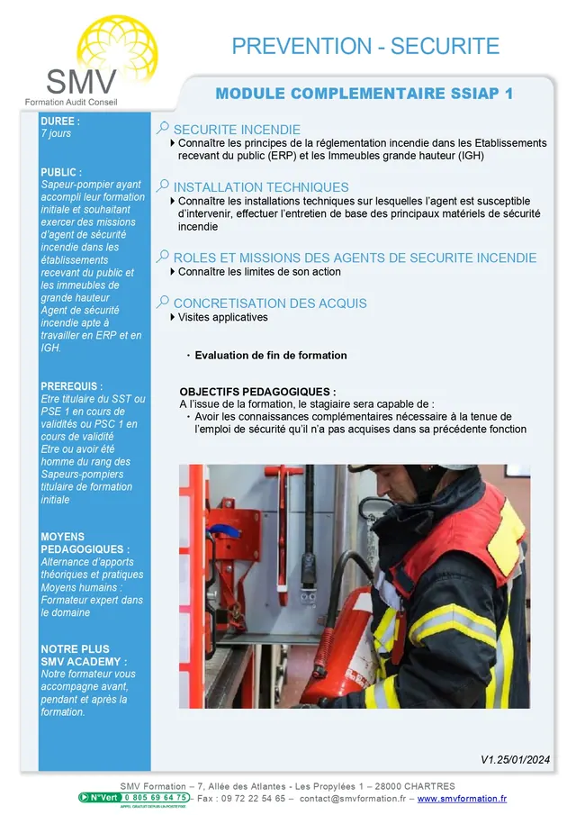Fiche programme de la formation Module complémentaire SSIAP 1 : durée, public, prérequis, objectifs pédagogiques et contenu