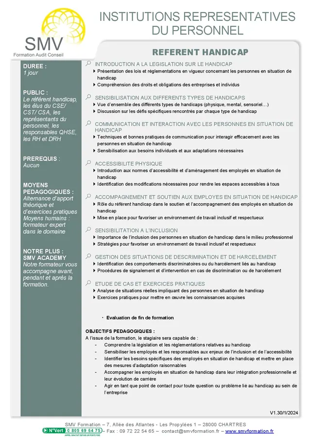 Fiche programme de la formation REFERENT HANDICAP : durée, public, prérequis, objectifs pédagogiques et contenu