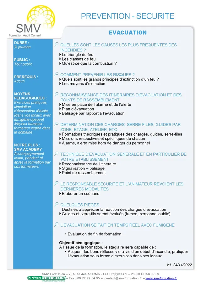Fiche programme de la formation Evacuation : durée, public, prérequis, objectifs pédagogiques et contenu