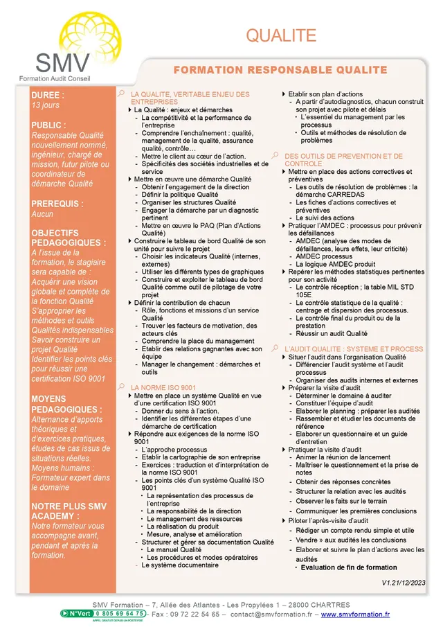Fiche programme de la formation formation du responsable qualite : durée, public, prérequis, objectifs pédagogiques et contenu