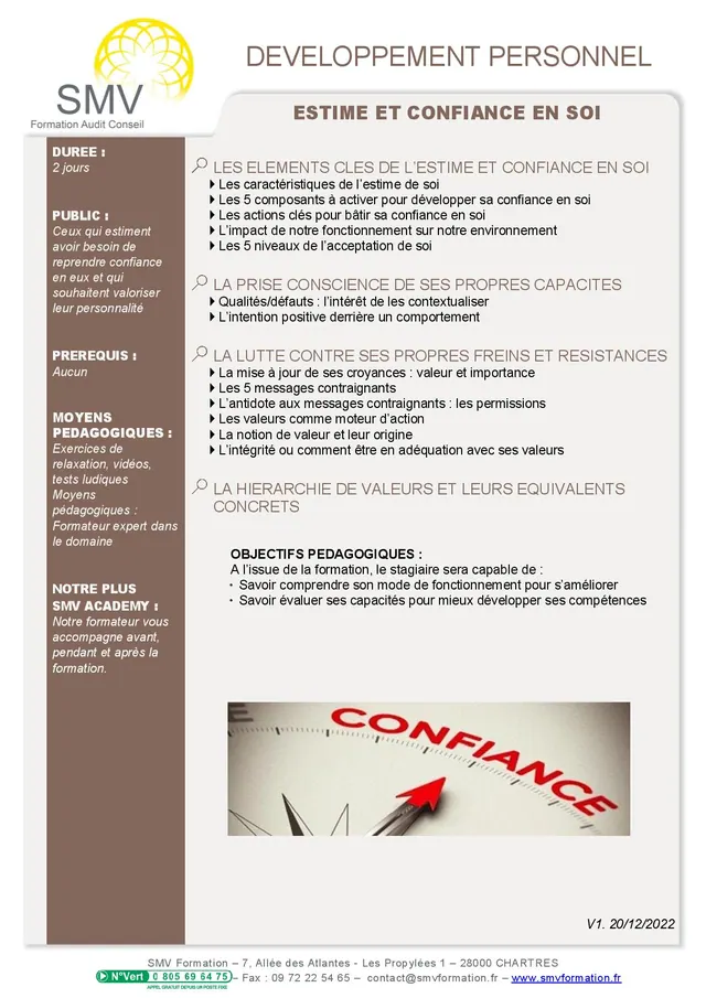 Fiche programme de la formation Estime et confiance en soi 2 jours : durée, public, prérequis, objectifs pédagogiques et contenu