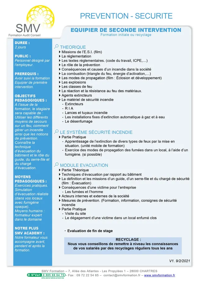 Fiche programme de la formation Equipier de Seconde Intervention : durée, public, prérequis, objectifs pédagogiques et contenu