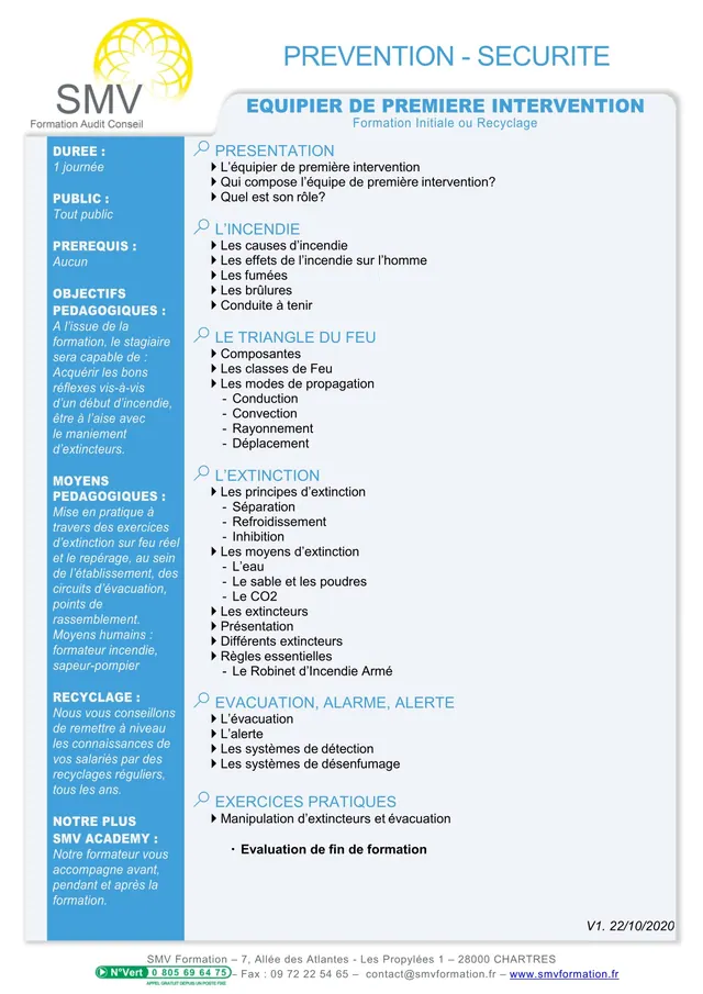 Fiche programme de la formation Equipier de Première Intervention 1 journée : durée, public, prérequis, objectifs pédagogiques et contenu