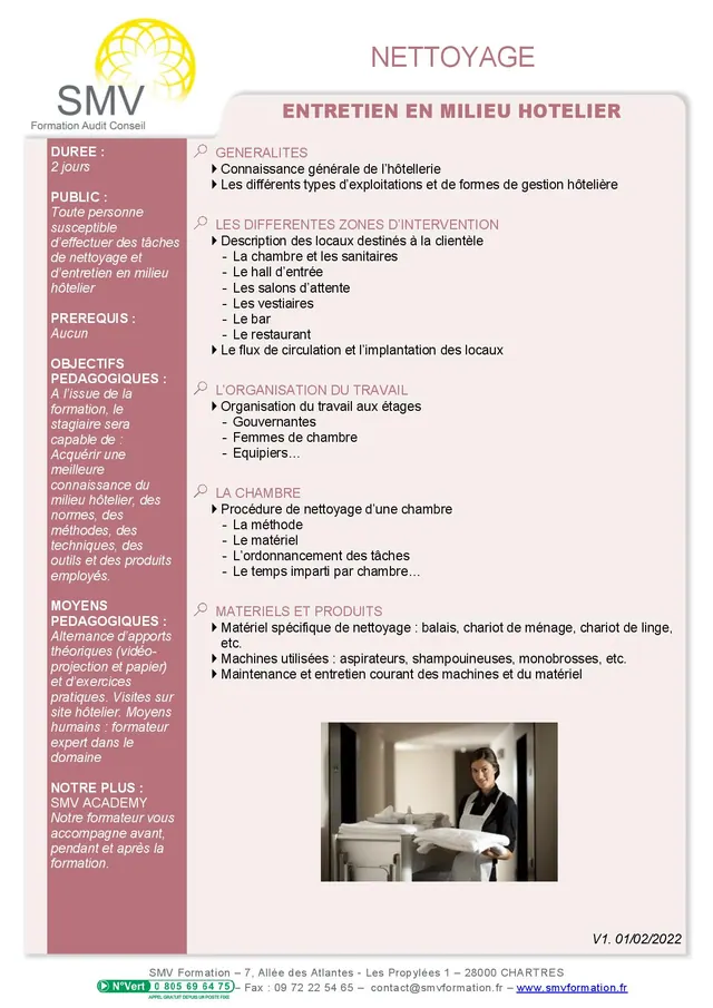 Fiche programme de la formation Entretien en milieu hôtelier : durée, public, prérequis, objectifs pédagogiques et contenu