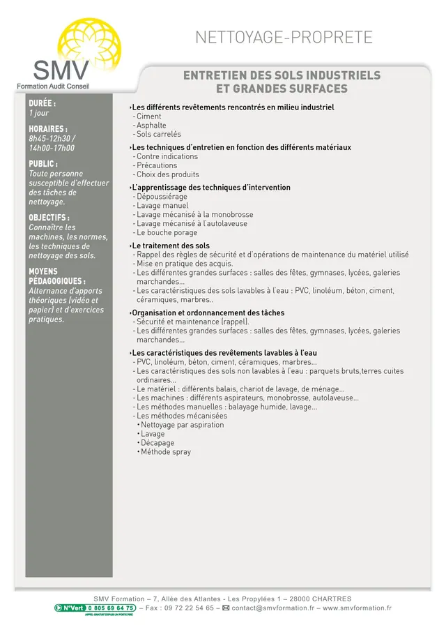 Fiche programme de la formation Entretien des sols industriels et grandes surfaces : durée, public, prérequis, objectifs pédagogiques et contenu