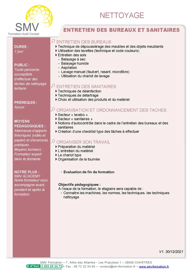 Fiche programme de la formation Entretien des bureaux et sanitaires : durée, public, prérequis, objectifs pédagogiques et contenu