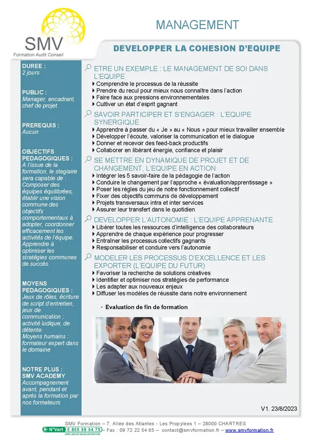 Fiche programme de la formation Développer la Cohésion d’Equipe : durée, public, prérequis, objectifs pédagogiques et contenu