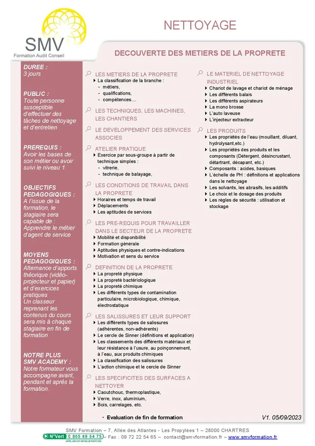 Fiche programme de la formation decouverte des metiers de la proprete : durée, public, prérequis, objectifs pédagogiques et contenu