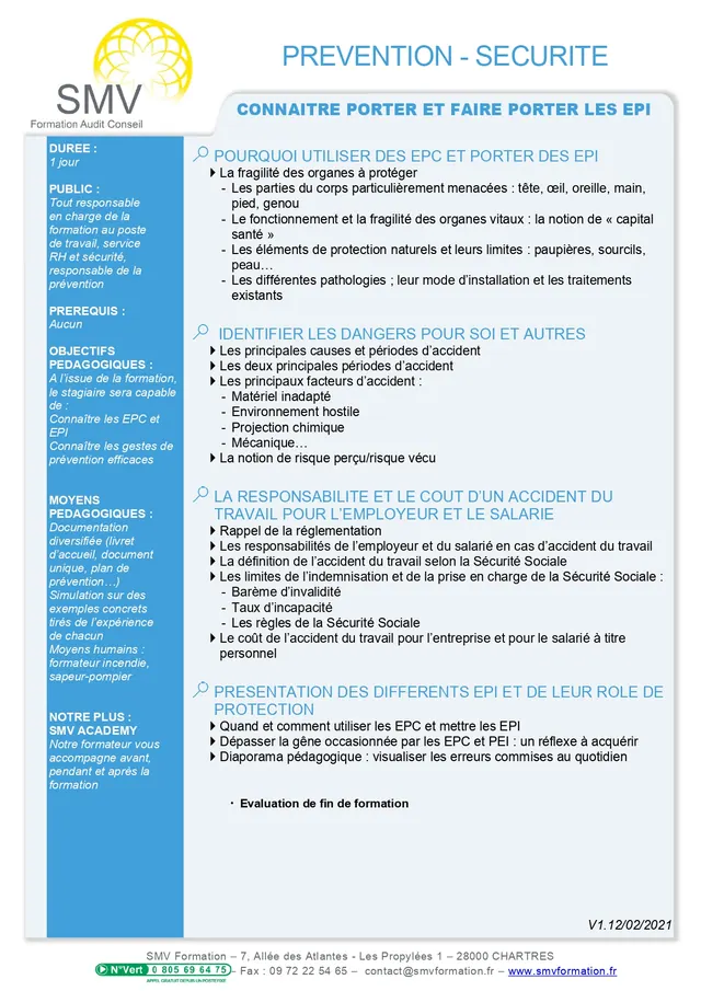 Fiche programme de la formation Connaitre, porter et faire porter les EPI : durée, public, prérequis, objectifs pédagogiques et contenu
