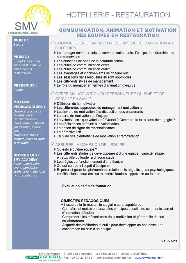 Fiche programme de la formation Communication animation et motivation des équipes en restauration : durée, public, prérequis, objectifs pédagogiques et contenu