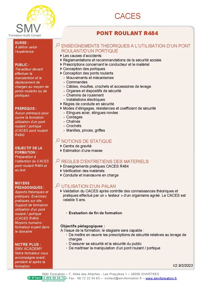 Fiche programme de la formation CACES Pont roulant R484 : durée, public, prérequis, objectifs pédagogiques et contenu