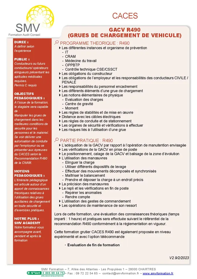 Fiche programme de la formation CACES Gacv R490 (Grues de chargement de véhicule) : durée, public, prérequis, objectifs pédagogiques et contenu