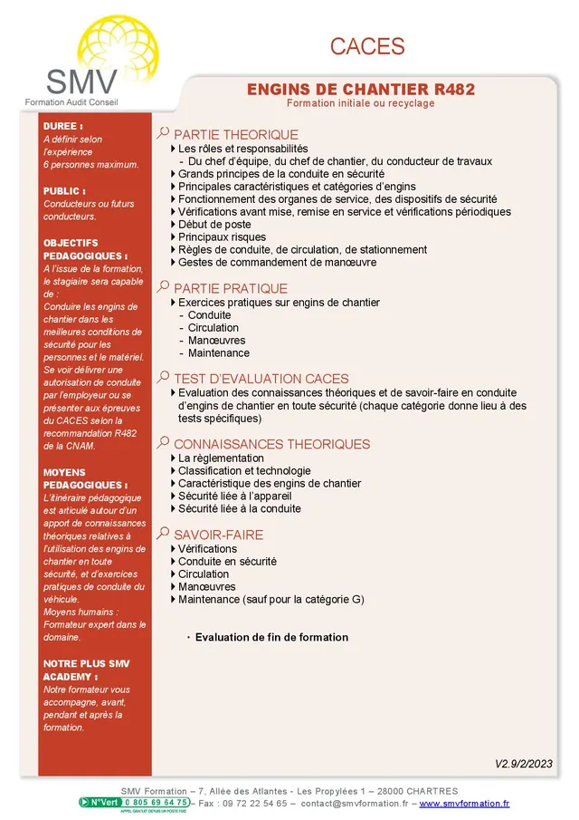 Fiche programme de la formation CACES Engins de chantier R482 : durée, public, prérequis, objectifs pédagogiques et contenu