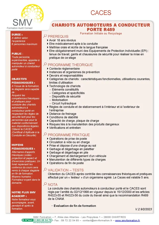 Fiche programme de la formation Caces Chariots Automoteurs A Conducteur Porté R489 : durée, public, prérequis, objectifs pédagogiques et contenu