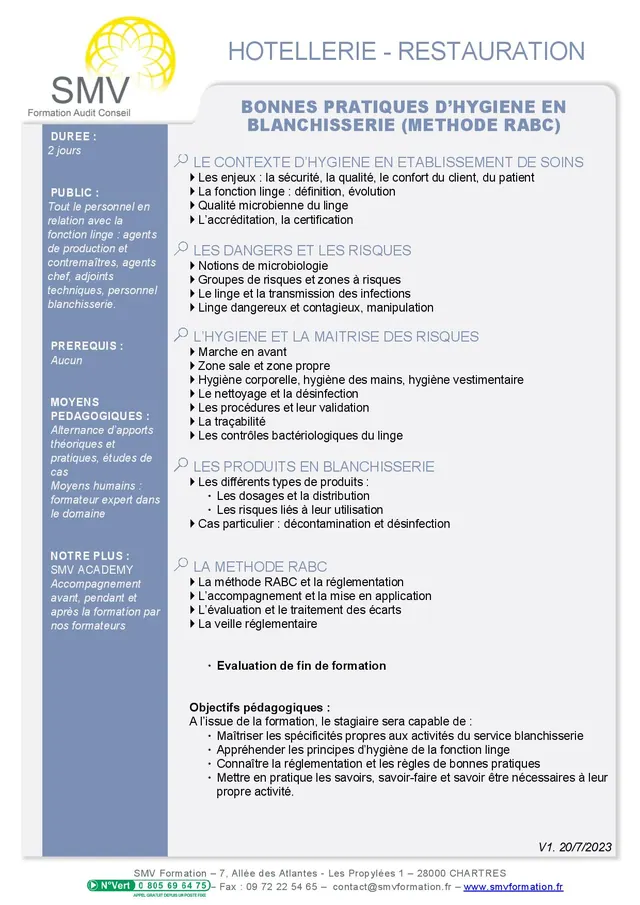 Fiche programme de la formation Bonnes pratiques d’hygiène en blanchisserie méthode RABC : durée, public, prérequis, objectifs pédagogiques et contenu