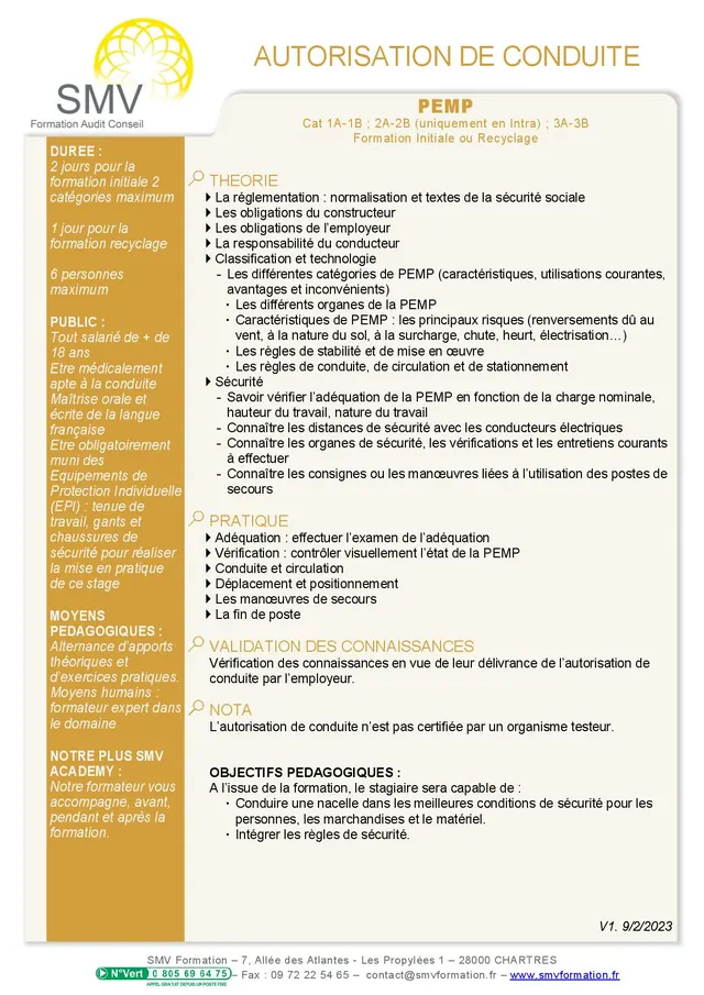 Fiche programme de la formation Autorisation de conduite PEMP R486 : durée, public, prérequis, objectifs pédagogiques et contenu