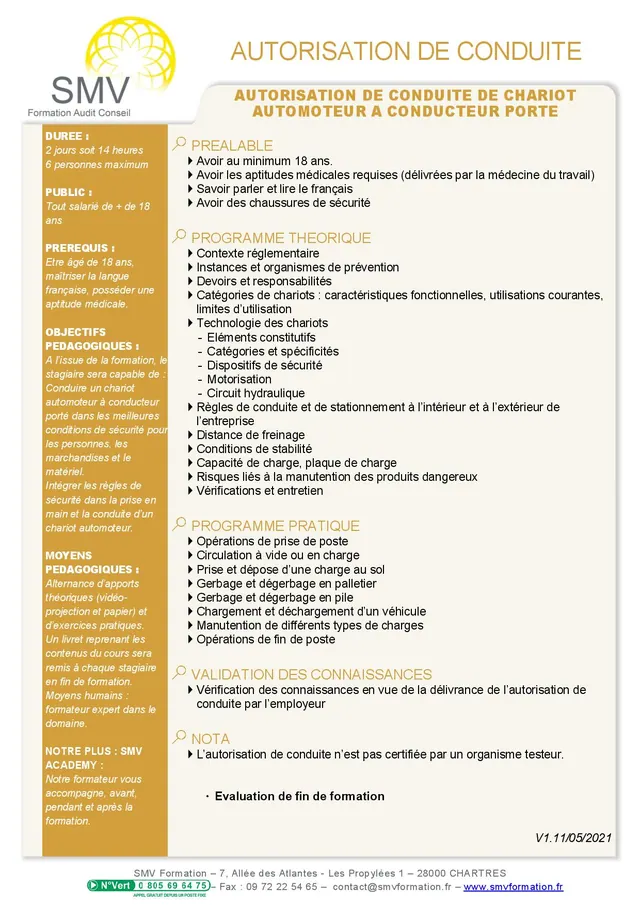 Fiche programme de la formation Autorisation de conduite de chariot automoteur à conducteur porté : durée, public, prérequis, objectifs pédagogiques et contenu