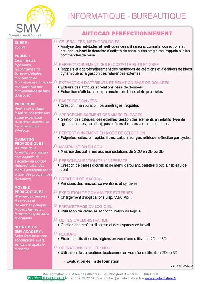 Fiche programme de la formation Autocad perfectionnement : durée, public, prérequis, objectifs pédagogiques et contenu