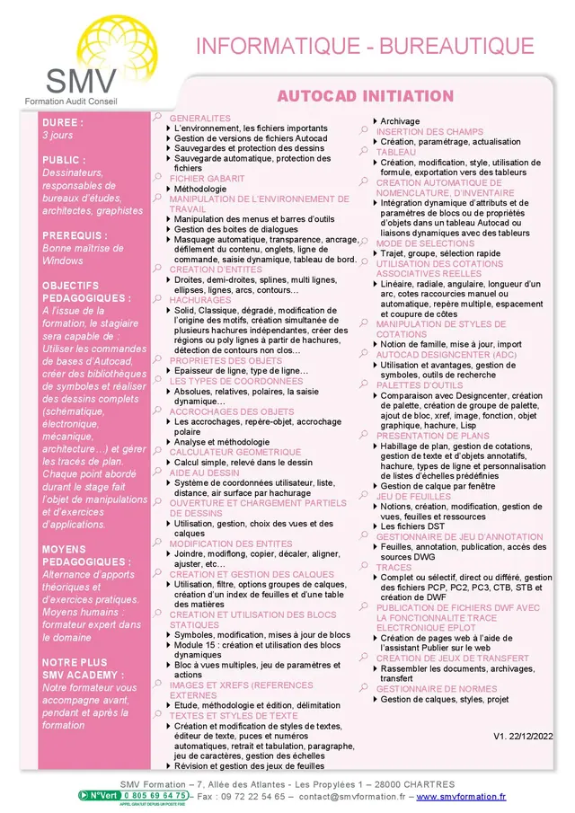 Fiche programme de la formation Autocad initiation : durée, public, prérequis, objectifs pédagogiques et contenu