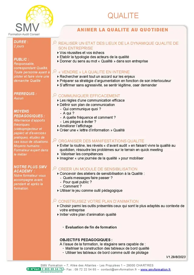 Fiche programme de la formation animer la qualite au quotidien : durée, public, prérequis, objectifs pédagogiques et contenu