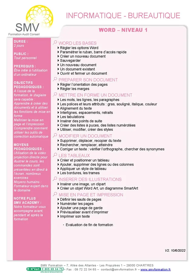 Fiche programme de la formation Word niveau 1 – 2 jours : durée, public, prérequis, objectifs pédagogiques et contenu