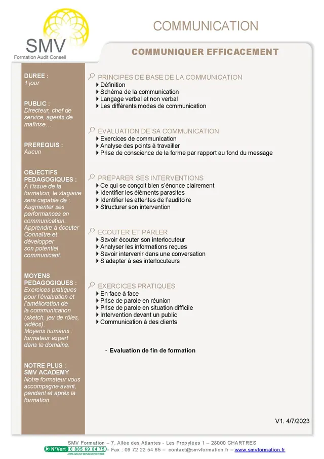 Fiche programme de la formation Communiquer efficacement 1j : durée, public, prérequis, objectifs pédagogiques et contenu
