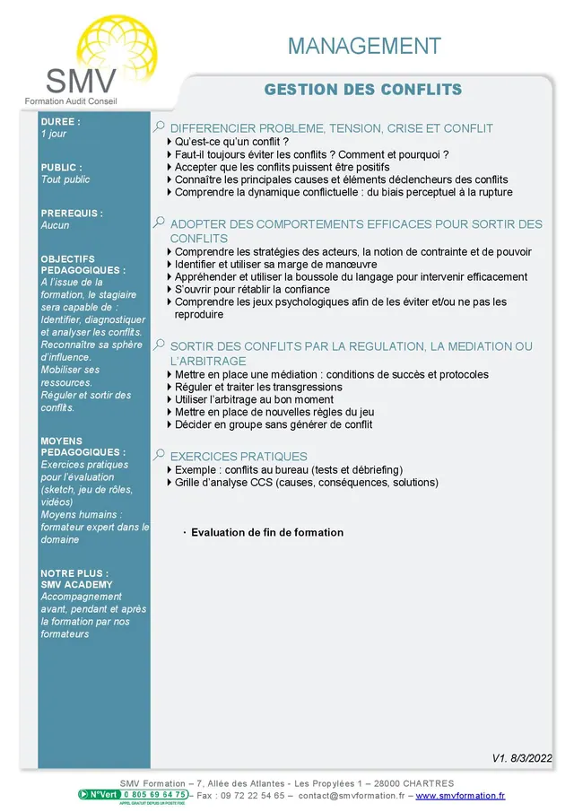 Fiche programme de la formation Gestion des conflits 1j : durée, public, prérequis, objectifs pédagogiques et contenu