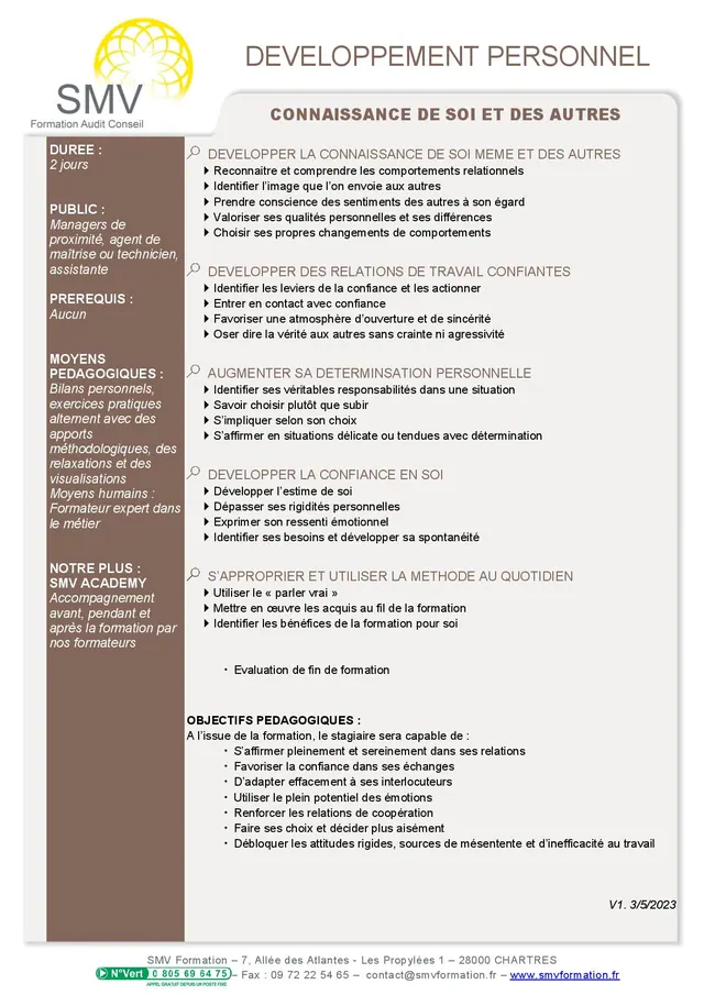 Fiche programme de la formation Connaissance de soi et des autres : durée, public, prérequis, objectifs pédagogiques et contenu