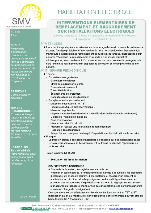 Fiche programme de la formation Interventions élémentaires de remplacement et raccordement sur installations électriques BS BE initiale : durée, public, prérequis, objectifs pédagogiques et contenu