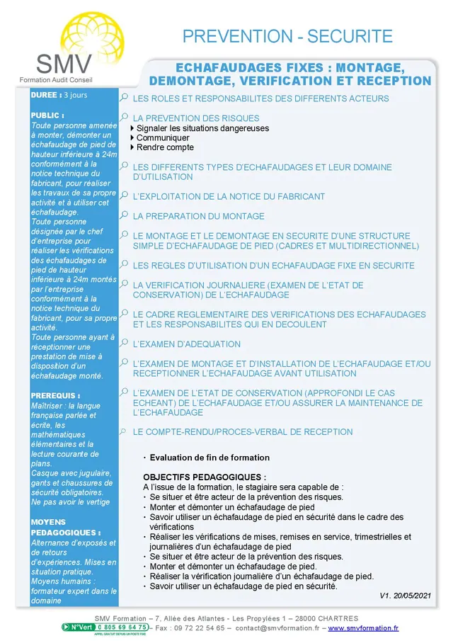 Fiche programme de la formation Echafaudages fixes : montage, démontage, vérification et réception : durée, public, prérequis, objectifs pédagogiques et contenu