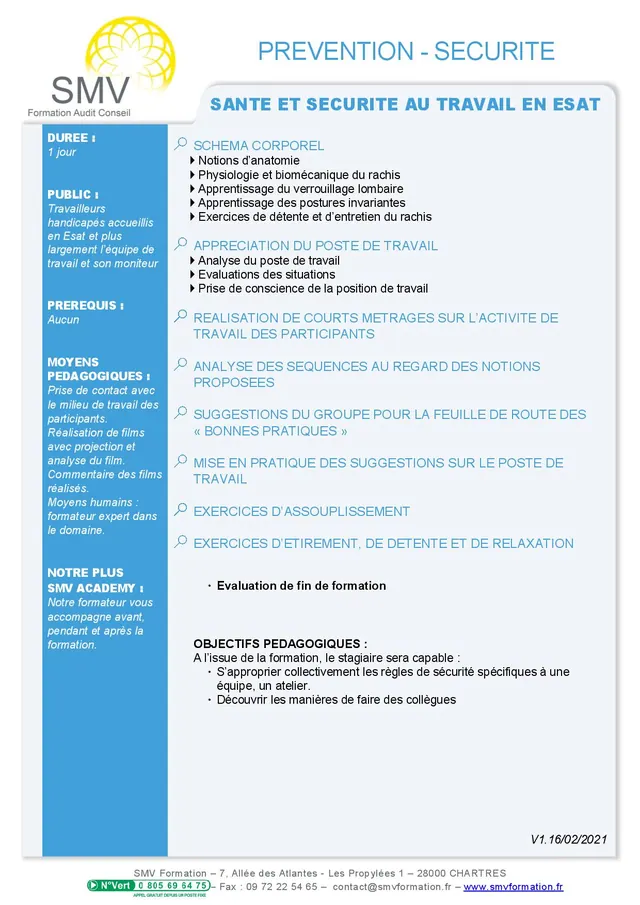 Fiche programme de la formation Santé et sécurité au travail en Esat : durée, public, prérequis, objectifs pédagogiques et contenu