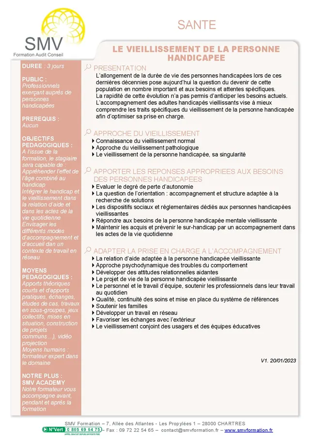 Fiche programme de la formation Le vieillissement de la personne handicapée : durée, public, prérequis, objectifs pédagogiques et contenu